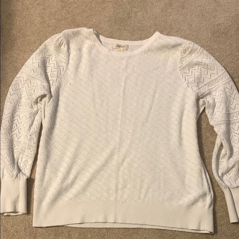 Style & Co. White Crew Neck Sweater with Textured Sleeves
